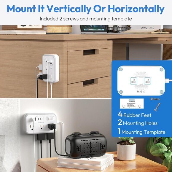 Surge Protector Power Strip 10 ft Flat Plug Extension w/ 6 Outlets 4 USB Ports - Picture 7 of 8